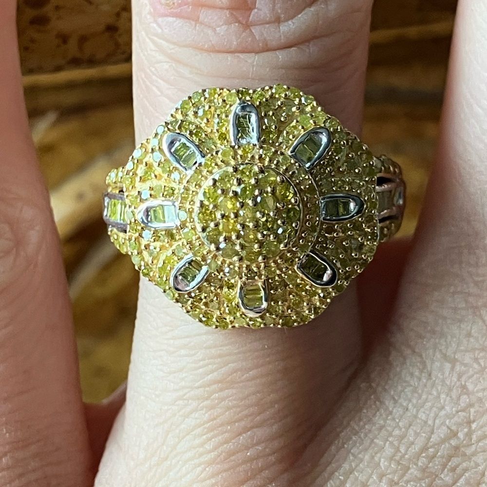 Natural Yellow Diamond Sterling Silver Art Deco Ring Size 7